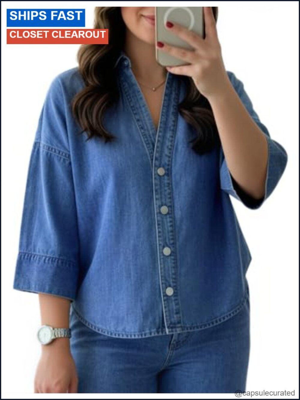 Women's Oversized Denim Shirt Shacket Short Sleeve Button Down Chambray Top